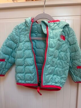 The North Face Toddler Puffer Jacket in Teal with Pink Trim